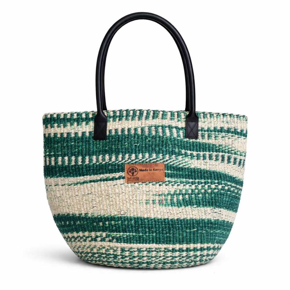 Handmade Sisal Straw Balance Basket - Handwoven Tote with Leather Trim